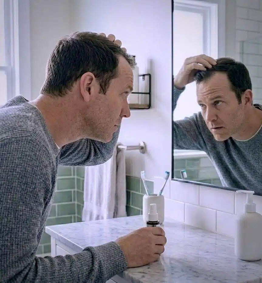 A man looking at his hair growth after finasteride medication